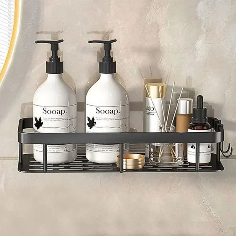 Bathroom Storage Rack, Bathroom Shelves, No-Drill Wall Mount Corner Shelf, Shower Storage Rack Holder - Black Rectangle