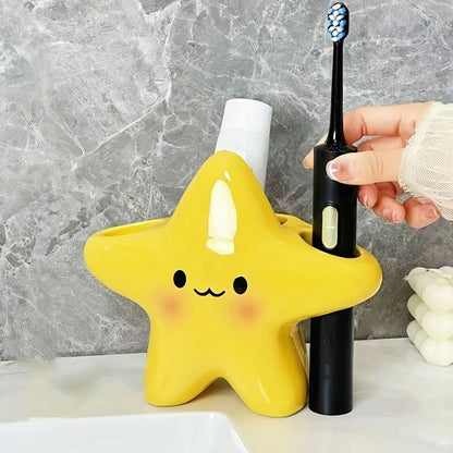 Cute Star-Shaped Toothbrush Holder Freestanding Bathroom Organizer with Cute Face Design, Space-Saving Toothbrush & Toothpast