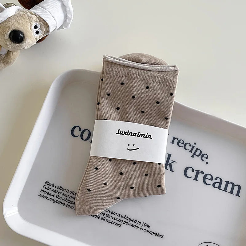 Women's spring summer thin vintage cream curled-edge women's socks polka dot mid-tube socks artistic socks women - 2
