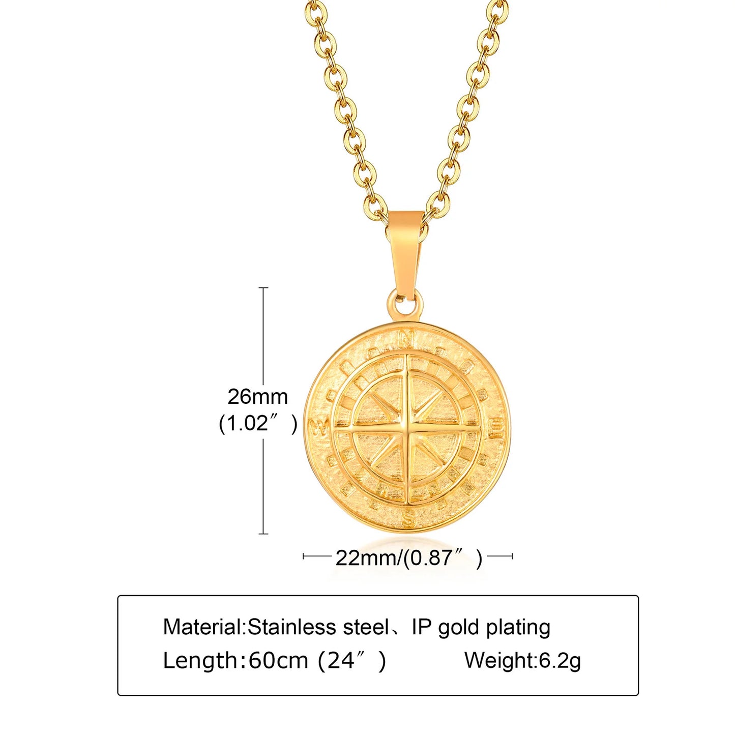 Vintage Compass Pendant Necklaces for Men Boys, Stainless Steel Coin Necklace, Rock Hiphop Collar Graduation Guide Gift - PN-