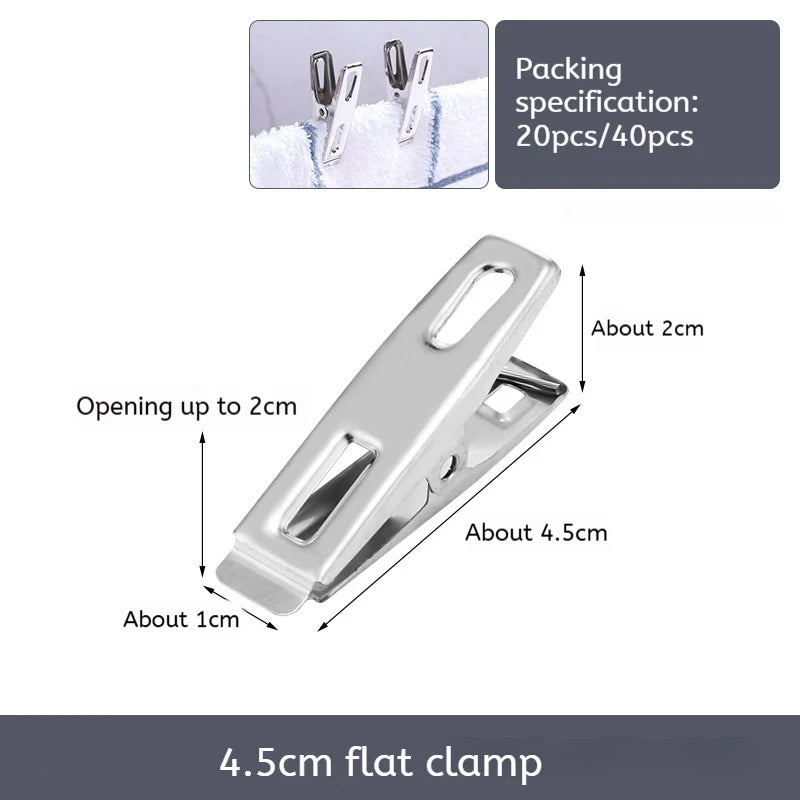 20pcs Stainless Steel Flat Mouth Clothespins, Binder Clips, Drying Hanger, Metal Clip Set, Metal Clothes Clips For Clothes So