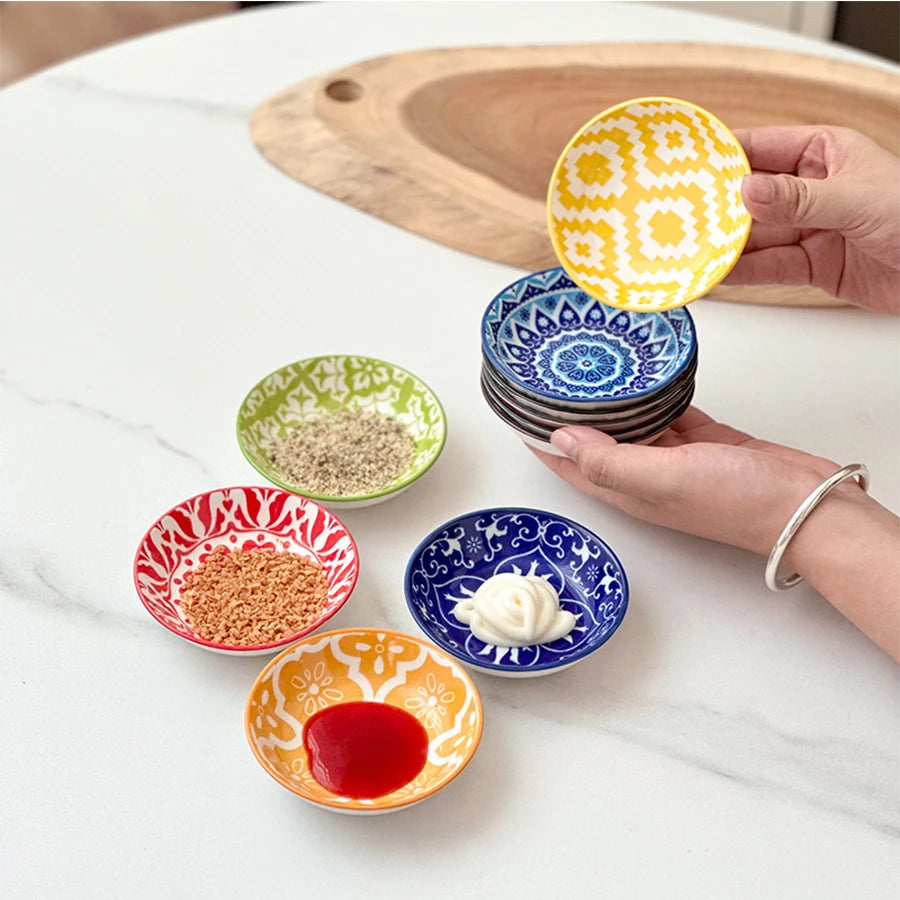 6/10 Pieces of Ceramic Condiment Dishes, Bohemian Plates, Sauce Dishes, Household Soy Sauce Vinegar Spice Dishes, Suitable fo