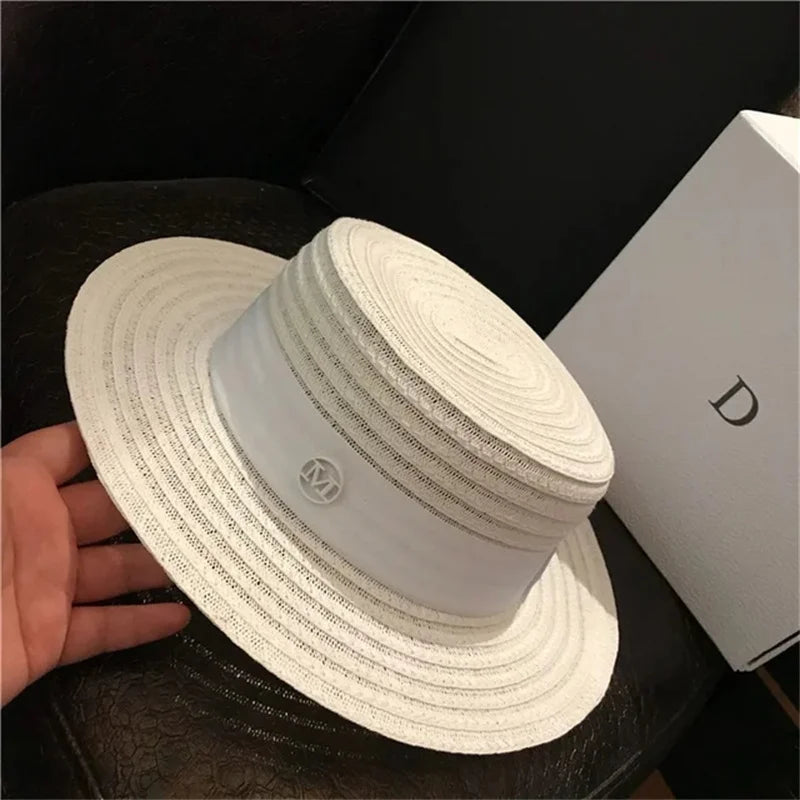 Boater Straw Hat wide brim French elegant square ribbon women's sun hat holiday straw hat 모자 햇빛 가리개 - 10