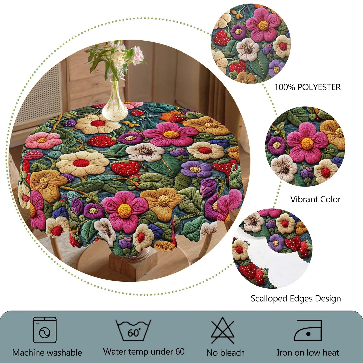 1 Piece of Spring Floral Print Tablecloth, Colorful Flowers, Strawberry Pattern, Embossed Edge Craftsmanship, Available in Ro