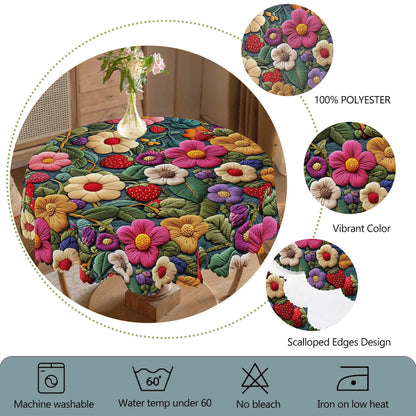 1 Piece of Spring Floral Print Tablecloth, Colorful Flowers, Strawberry Pattern, Embossed Edge Craftsmanship, Available in Ro