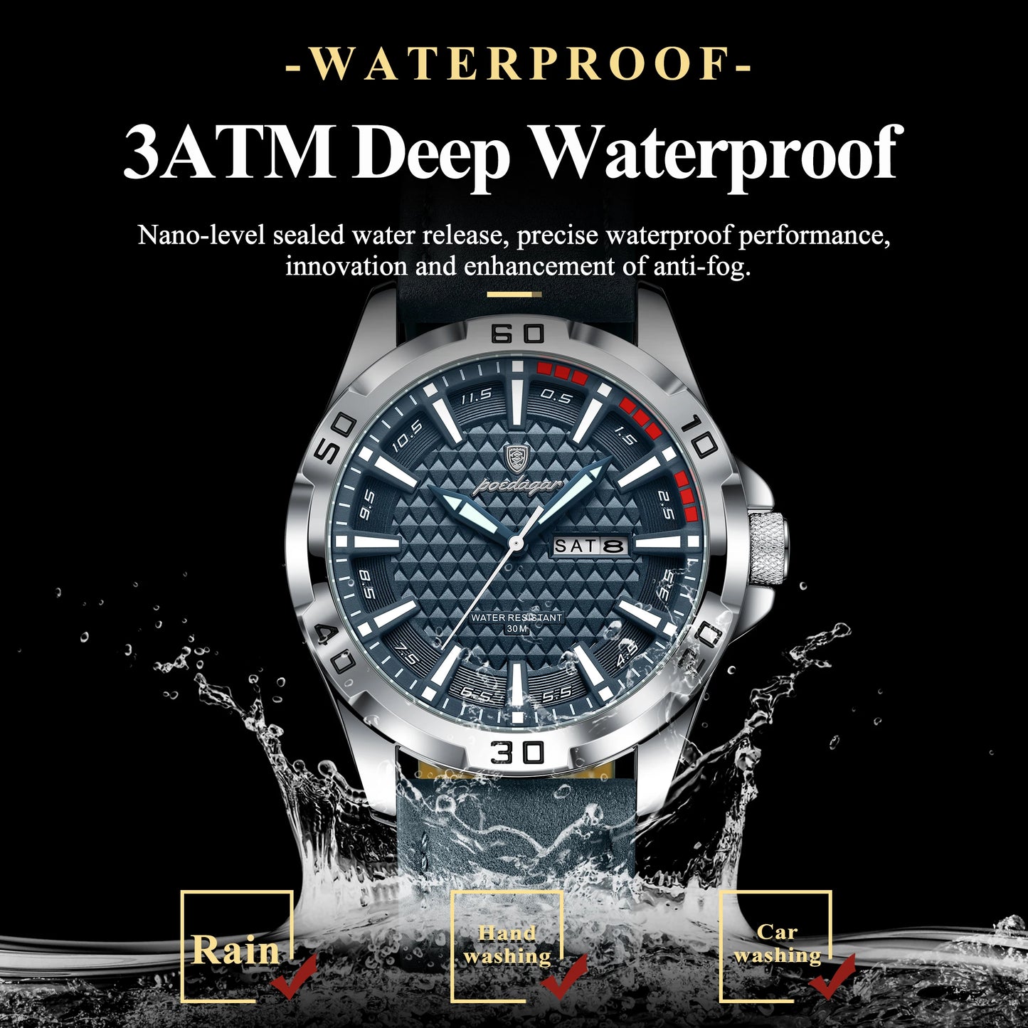POEDAGAR Original Man Wristwatch Top Luxury Waterproof Luminous Date Week Watch For Men Quartz Sport Leather Men's Watches Re