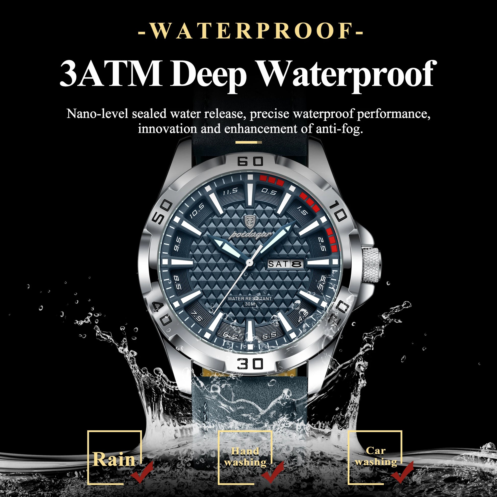 POEDAGAR Original Man Wristwatch Top Luxury Waterproof Luminous Date Week Watch For Men Quartz Sport Leather Men's Watches Re