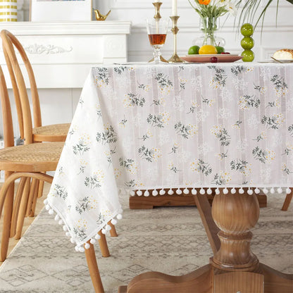 Korean Style Small Daisy Cotton Floral Tablecloth For Kitchen, Wedding, Dining Room - Ivory / Round 140cm