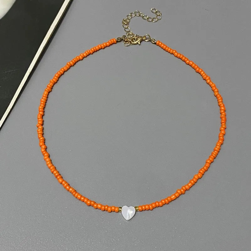 New Nature Shell Love Heart Choker Necklace for Girl Spring Summer Fashion Small Colorful Glass Beads Necklace Gift for Frien