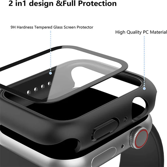 Tempered Glass+Case For Apple Watch 38mm 40mm 41mm 42mm 44mm 45mm 46mm Screen Protector Protective Cover iWatch 10 8 7 9 6 SE