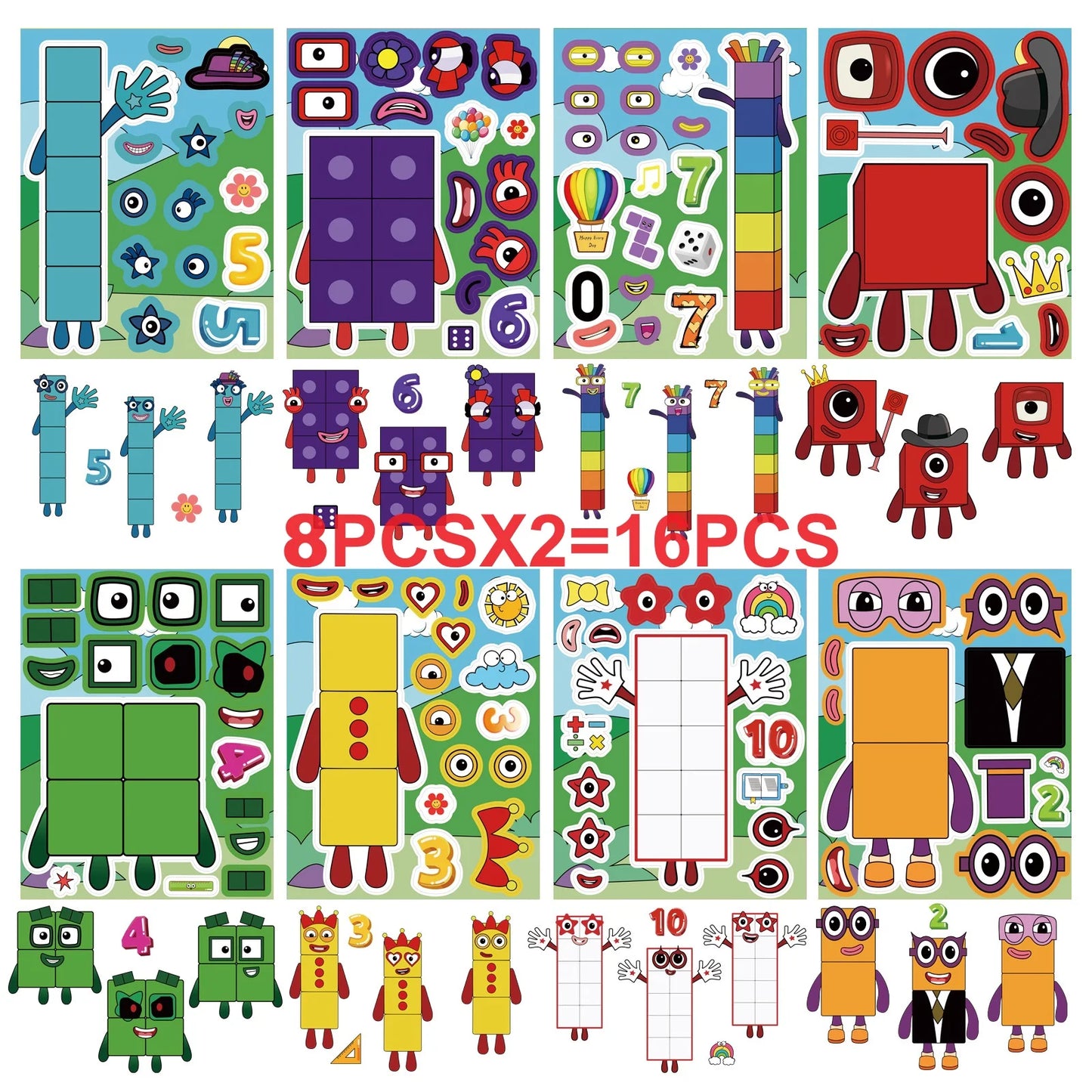 8/16/24 SHEETS Digital Building Cute Puzzle Stickers Cartoon Building Stationery Decor DIY Face Stickers