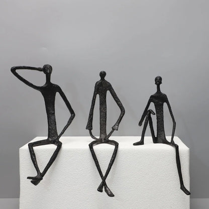 Modern Abstract Thin Metal Figure Sculpture Set, Sitting Thinker Figurine, Vintage Iron Art Statue for Home Office Desktop De