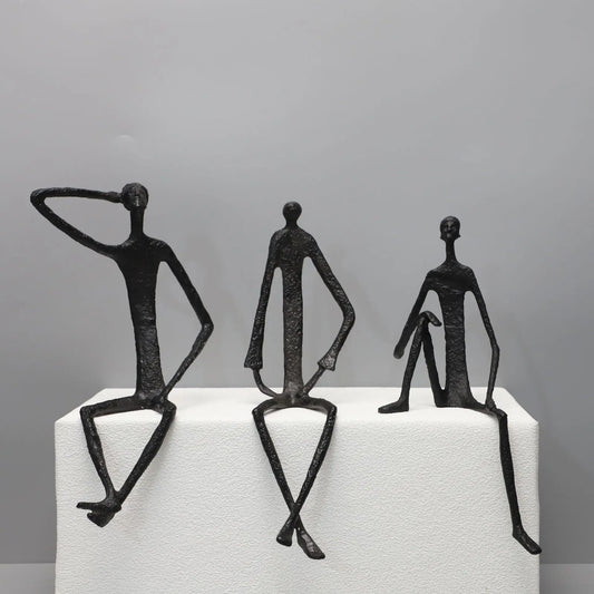 Modern Abstract Thin Metal Figure Sculpture Set, Sitting Thinker Figurine, Vintage Iron Art Statue for Home Office Desktop De