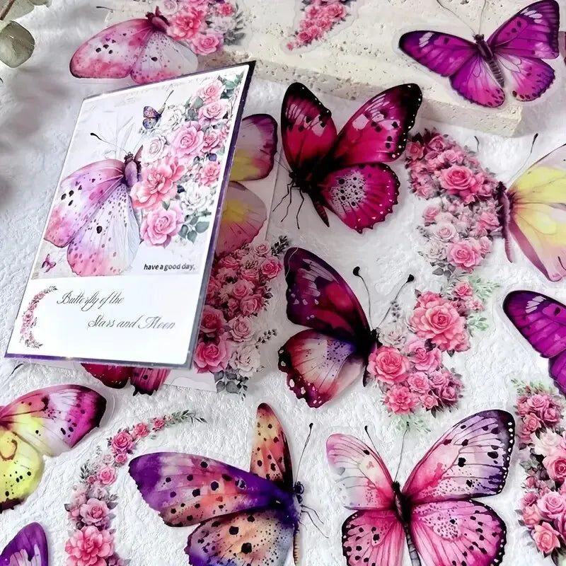 30pcs/Pack Vintage Butterfly PET Stickers DIY Decorative Junk Journal Stickers For Scrapbook Label Diary Album Planner - D