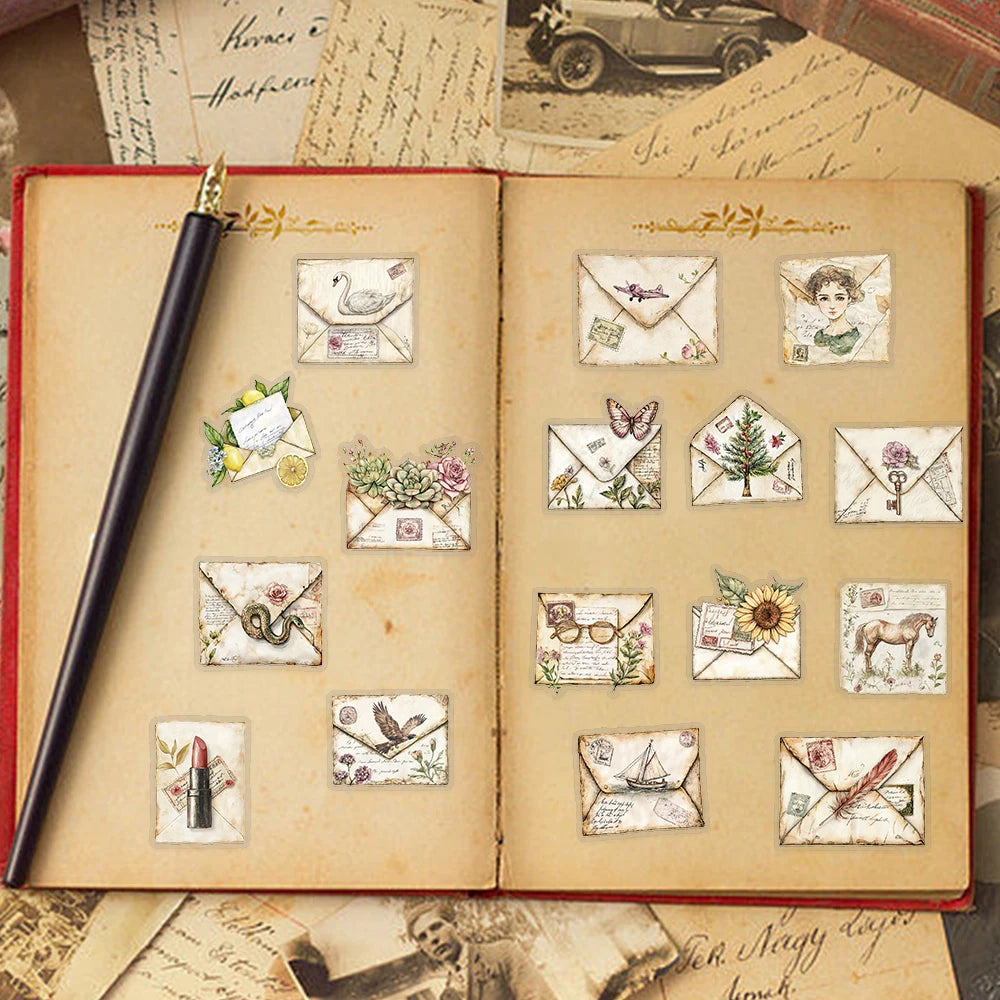 50pcs Vintage Envelope Transparent PET Stickers Decals For Phone Laptop Notebook Refrigerator DIY Aesthetic Waterproof Sticke