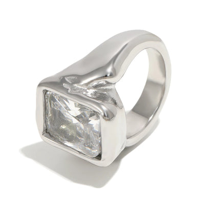 E.B.belle Gold Plated Deep-patterned Square Zircon Ring Simple Statement With Irregular Design Tarnish Free Women's Jewelry