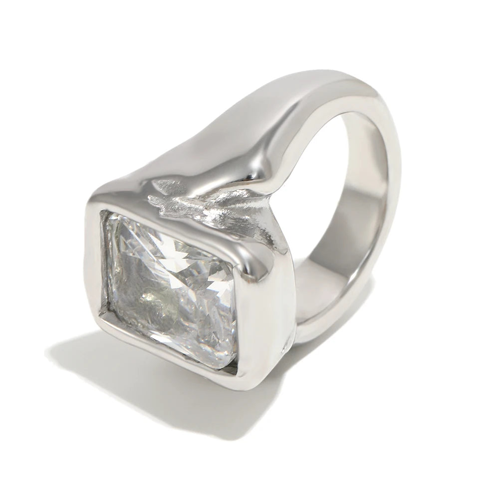 E.B.belle Gold Plated Deep-patterned Square Zircon Ring Simple Statement With Irregular Design Tarnish Free Women's Jewelry -