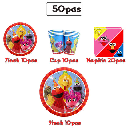 Cartoon Sesames Street Birthday Party Decor Elmo and Friends Theme Tablecloth Plate Balloon Set Cake Decor Baby Shower - 1Set
