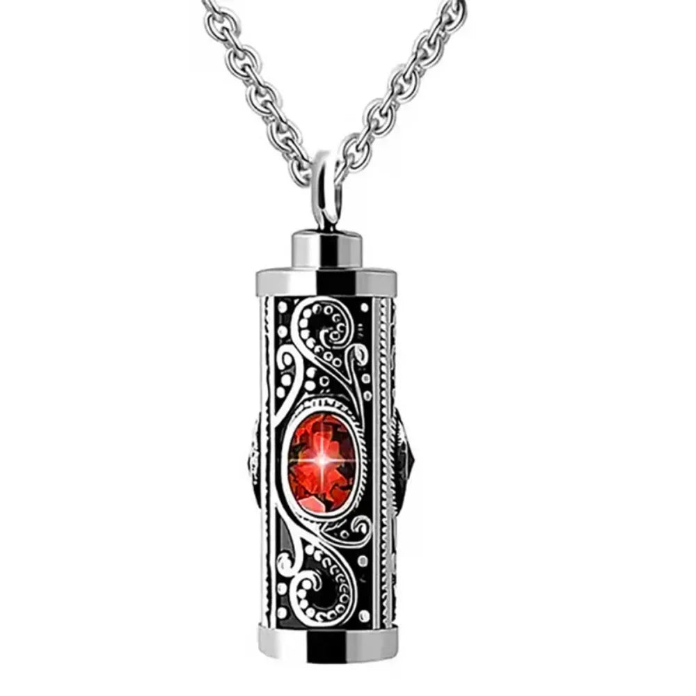 For Men Crystal Cremation Urn Necklace Cylinder Waterproof Ashes Pendant Retro Style Keepsake Memorial Jewelry Human Ashes - 