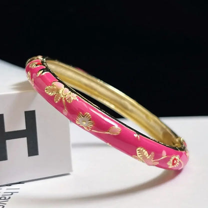 Enamel Chinese Cloisonne Bracelet Double Bangle Traditional Peony Filigree Flower Bangle Ethnic Vintage Women's Hand Bracelet