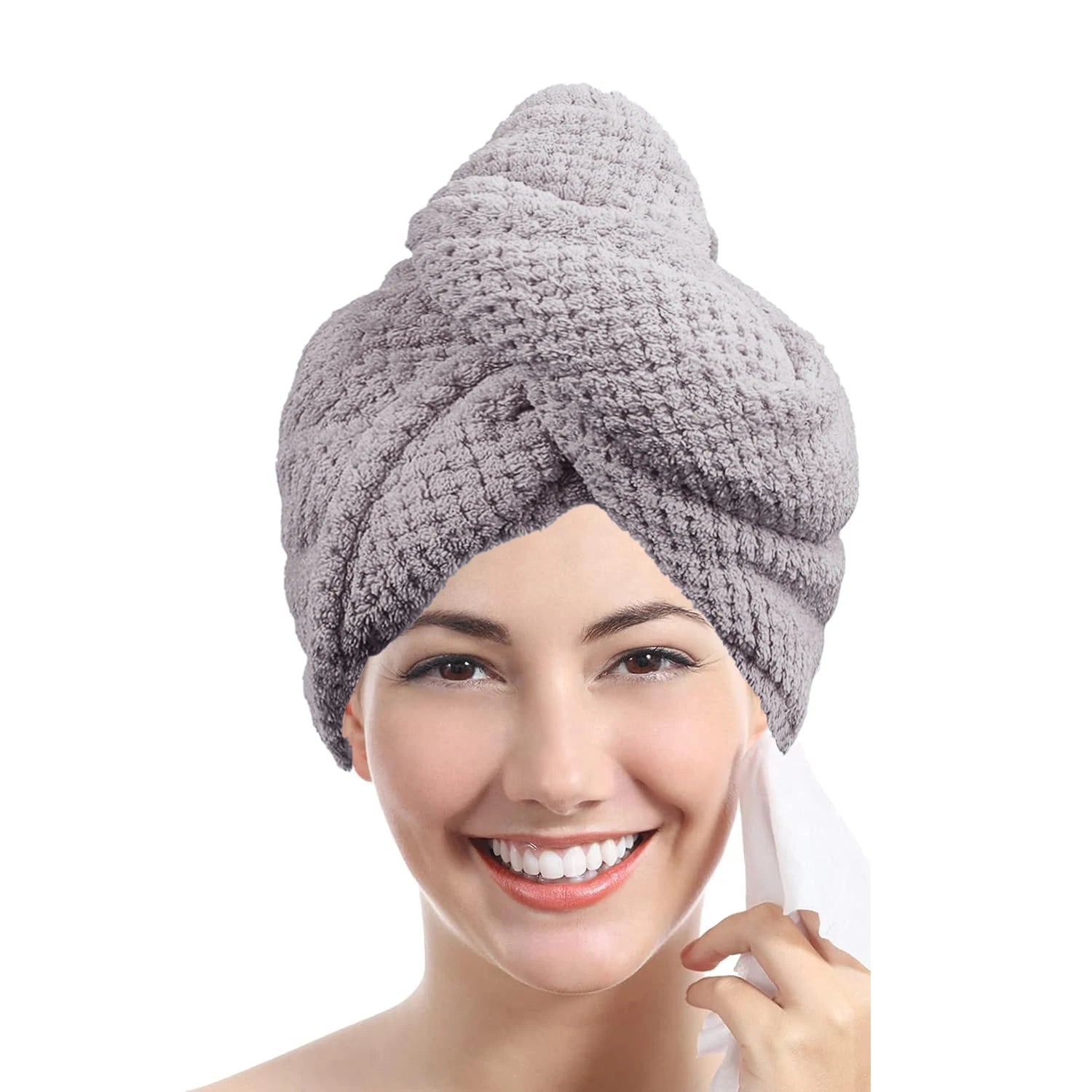 Solid Color Hair Towel Textured Dry Hair Cap 9.8' X 25.5' Absorbent Hair Towel Wrap for Button-Down Women - GRAY