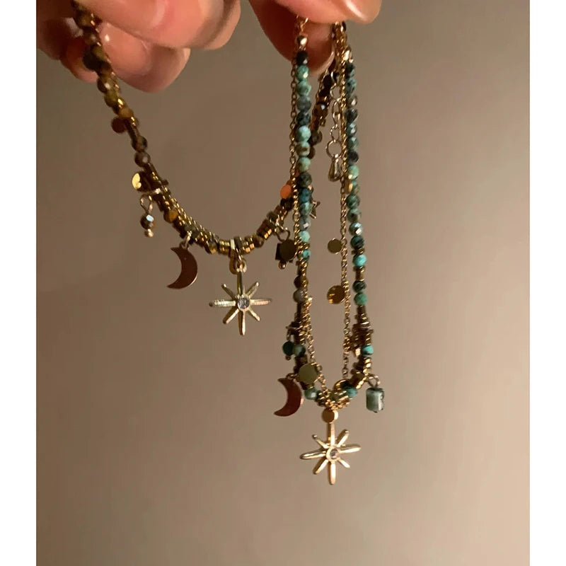 Vintage Bohemian Style Beaded Layered Bracelet, Sunflower Moon Pendant, Women's Jewelry Bracelet Accessories