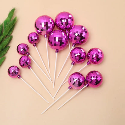 12pcs Silver Disco Ball Cake Topper 1970s Disco Theme Birthday Party Cake Decoration Cowboy Cowgirl Birthday Supplies