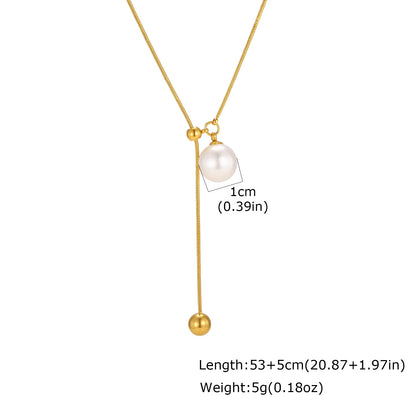 Pearl Lariat Necklace for Women, Gold Plated Stainless Steel Adjustable Slide Chain Y Necklace with Pearl Charm, Dainty Jewel