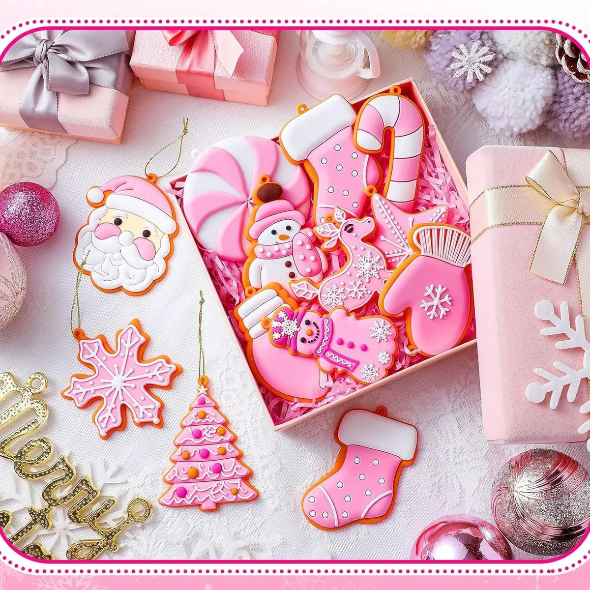 Pink Christmas Tree Ornaments Gingerbread Snowflake Silicone Balls Hanging Decor For DIY Crafts