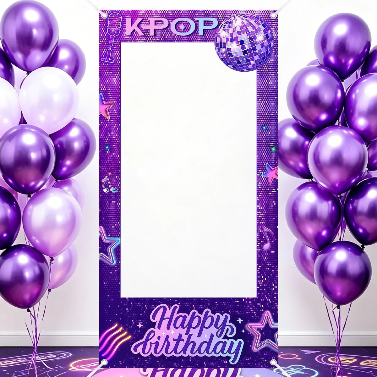 1pc Purple K-POP Photo Frame Backdrop Happy Birthday Pattern Polyester Photo Booth Props for K-POP Theme Birthday Party Suppl