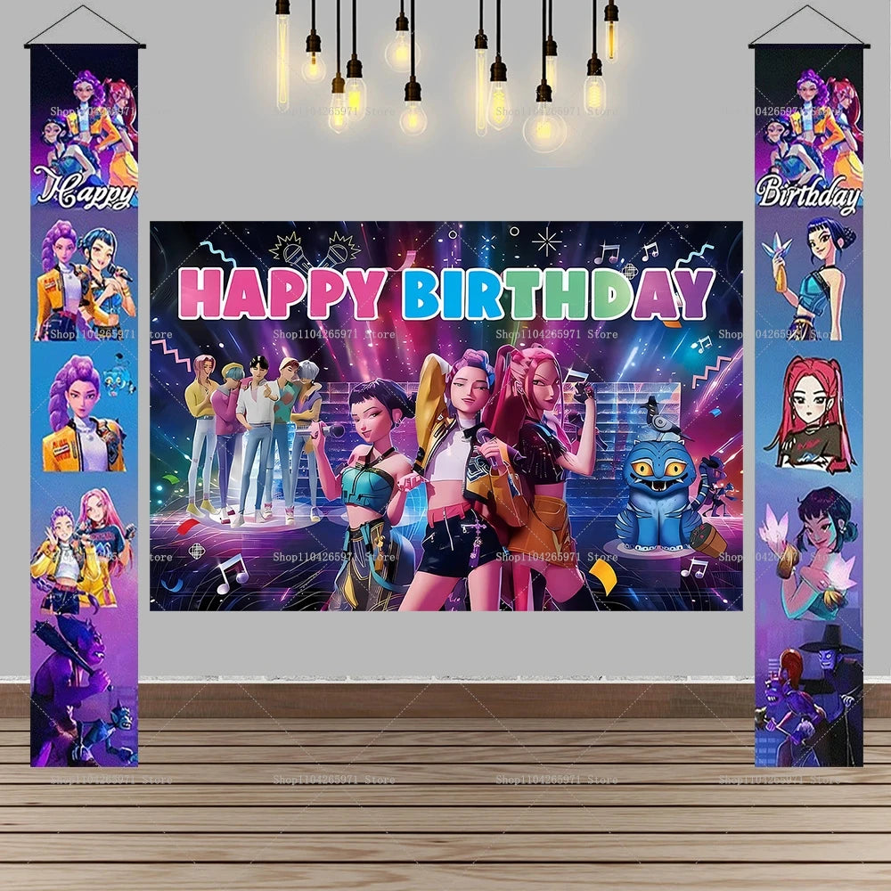 Hot KPop Demon Hunters Backdrop Door Banner Kids Adult Birthday Party Decorations Baby Shower Photo Booth Background Props