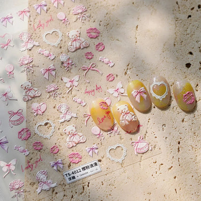 Sakura Pink Lip Print Rose Flower Butterfly Ice Cream Love Heart Bear Macaroon Balloon Candy Nail Art Stickers Manicure Decal