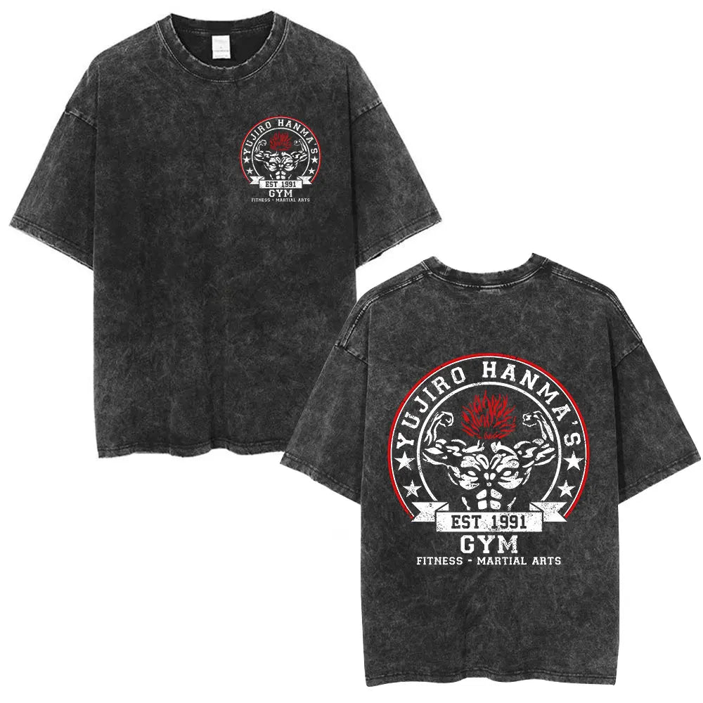 Vintage Washed T Shirt Anime Baki The Grappler T-shirt Hanma Yujiro Gym Short Sleeve T-shirts Oversized Cotton Casual Tee Shi