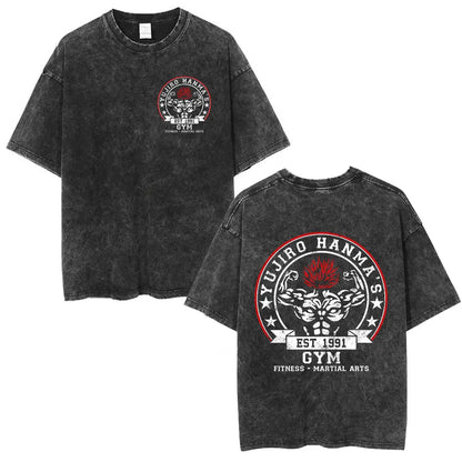 Vintage Washed T Shirt Anime Baki The Grappler T-shirt Hanma Yujiro Gym Short Sleeve T-shirts Oversized Cotton Casual Tee Shi