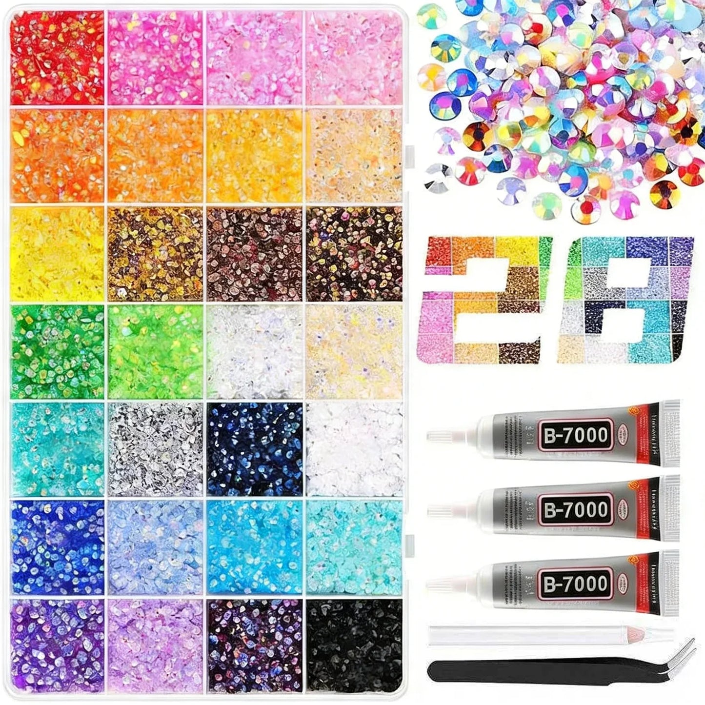 28 Grid 3/4/5mm Mixed Color Jelly/Resin Drill Rhinestone Set DIY Clothing Nail Drill Phone Drill Glasses Drill Hat Drill, Etc