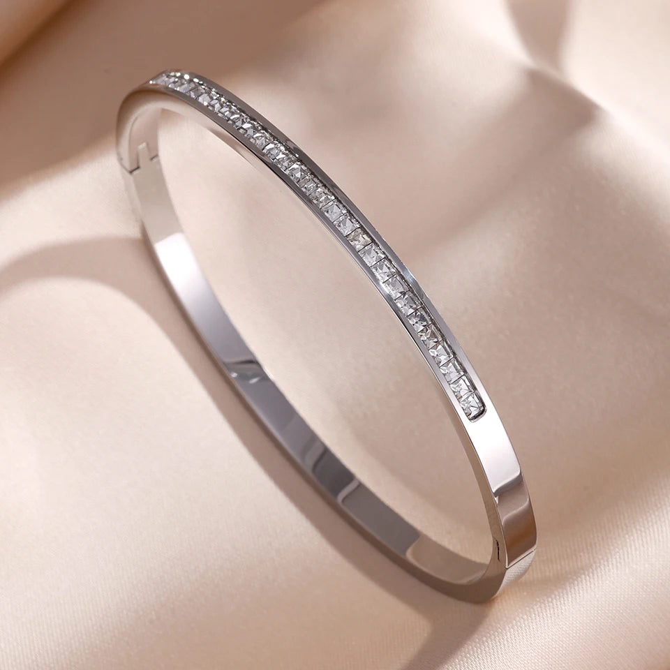 ZAKOL 5/1pcs Sparkling Zirconia Inlaid Stainless Steel Bracelet Set for Women Stackable Bangles Fashion Non Fading Jewelry Gi