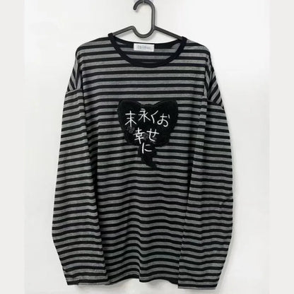 American Punk Vintage O Neck Long Sleeve Shirts All-Match Striped Design Harajuku Embroidery Tops Y2k Aesthetic High Street T