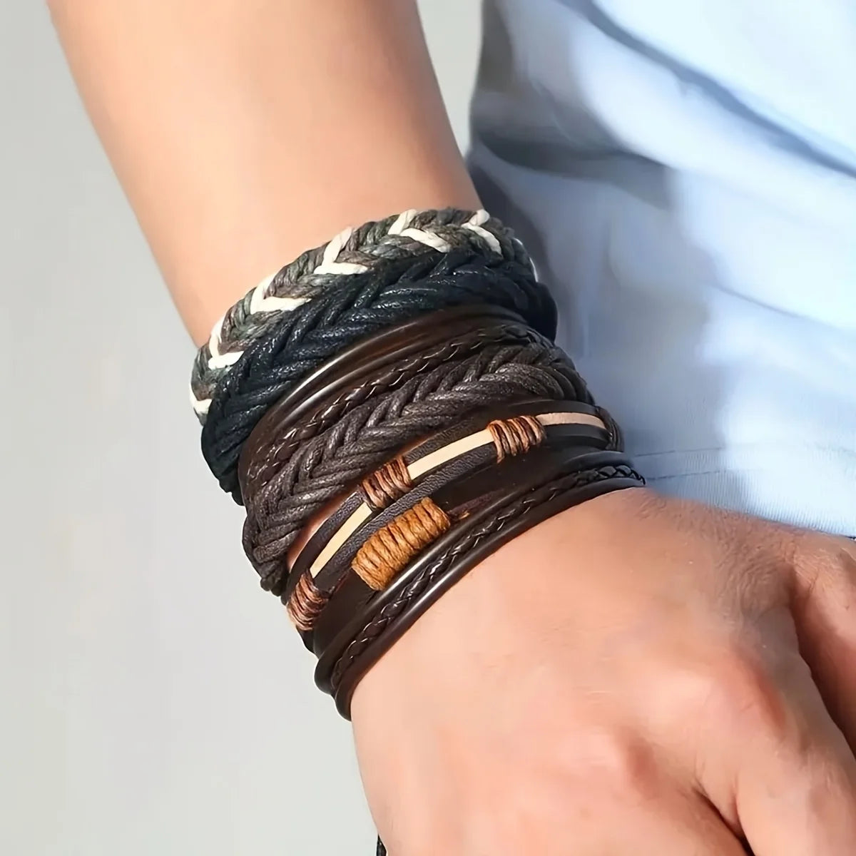 20Pcs Braided Leather Bracelets for Men Women Wrap Wood Beads Cuff Bracelet Hemp Cords Ethnic Tribal Handmade Wrap Wristband 