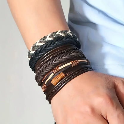 20Pcs Braided Leather Bracelets for Men Women Wrap Wood Beads Cuff Bracelet Hemp Cords Ethnic Tribal Handmade Wrap Wristband 