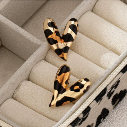3 Pairs Elegant Design Metallic Enamel Leopard Love Heart Earring Sets Suitable for Party Valentine's Day Give To A Friend Gi