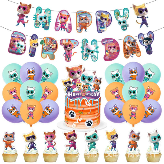 Superkitties Happy Birthday Party Decor Paw Meow Cat Super Kitties Tableware Tablecloth Plate Cup Gift Set Kid Party Supplie 