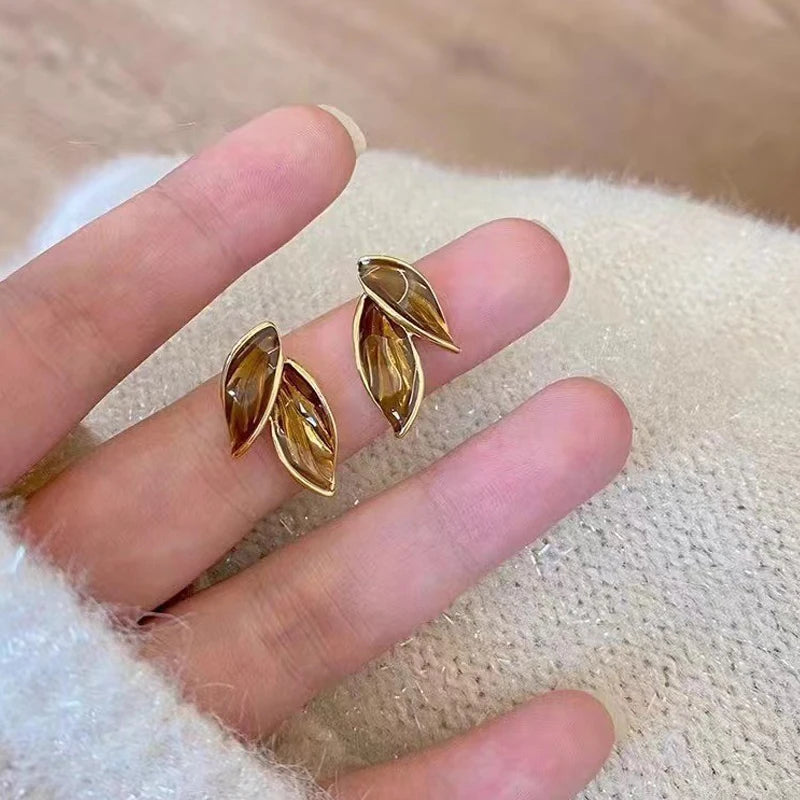 LATS New Korean Arrival Metal Trendy Fresh Lovely Sweet Grey Leaf Stud Earrings for Women 2024 Fashion Jewelry Gifts - 661731