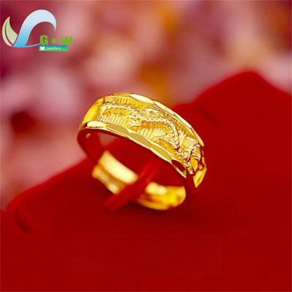 Fancy Gold Carve Dragon Phoenix Couple Adjustable Open Rings Stone Lucky Charm Band Classic Elegant Fashion Jewelry Gift Wedd