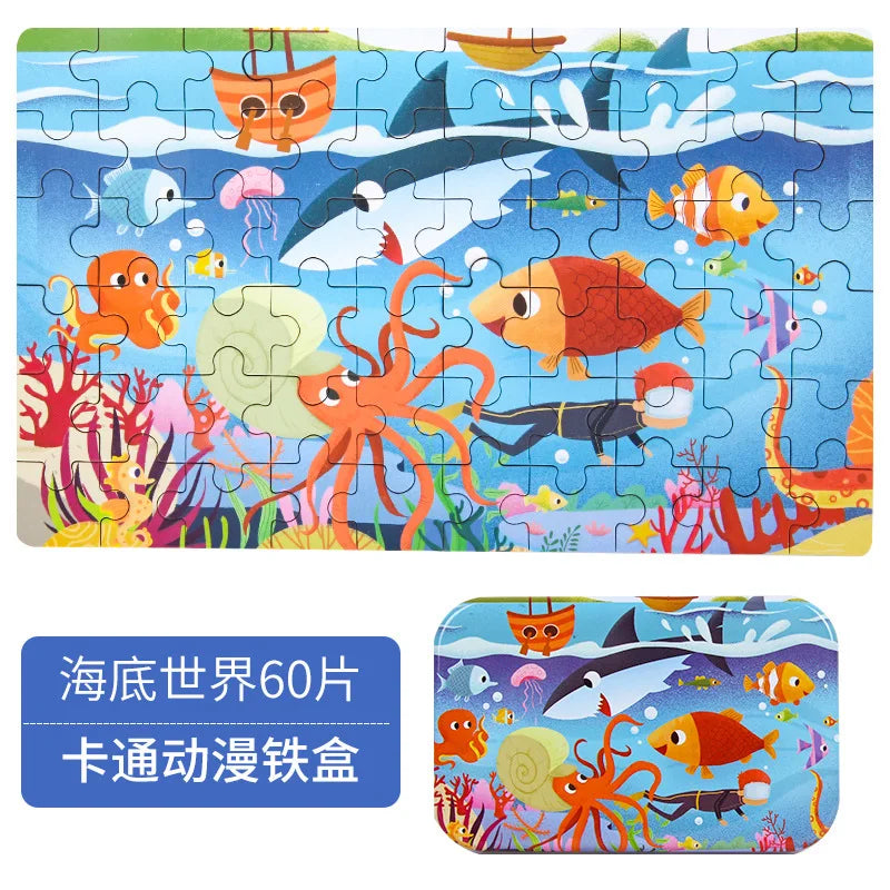 Hot New 60 Pieces Wooden Puzzle Toys for Children Cartoon Vehicle Animal Wood Jigsaw Baby Learning Educational Toy Kids Gift 