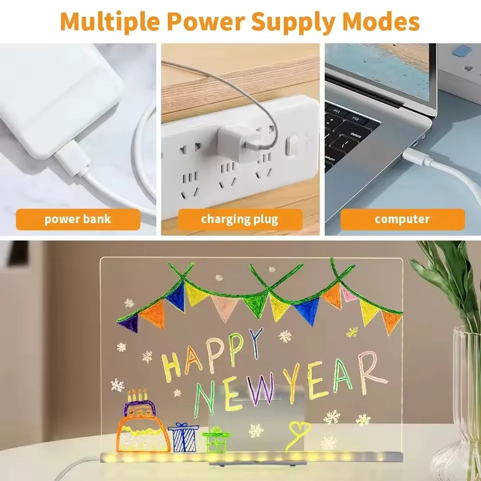 LED Light-Up Acrylic Message Board Erasable USB Drawing Board Birthday Gift Bar Advertising for Creative Activities with Stan