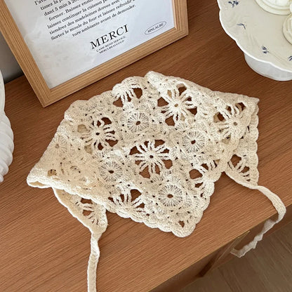 Fashion Knitted Headscarf Women French Pastoral Style Triangle Headband Handmade Crochet Headband Towel Retro Flower Headscar