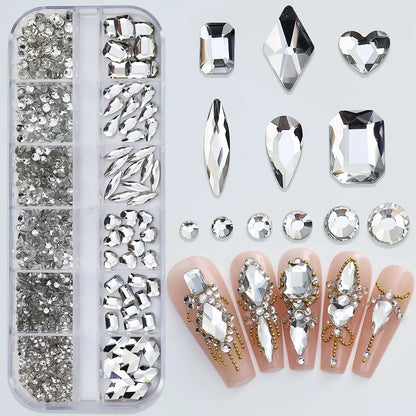 2400pcs+ Shiny Clear Crystal Gems Nail Rhinestones 1.5-4mm Mixed Round Glass Stone Flatback Nail Charms 12grids Nail Diamond 