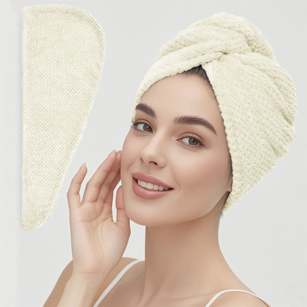 Solid Color Hair Towel Textured Dry Hair Cap 9.8' X 25.5' Absorbent Hair Towel Wrap for Button-Down Women - Beige-up