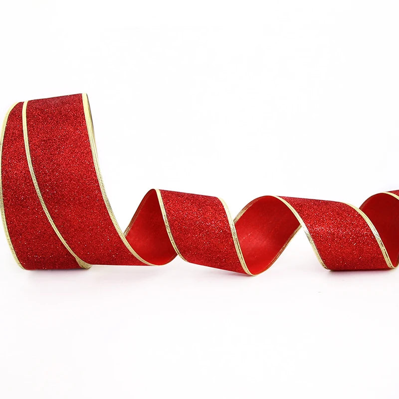 200cm*6.3cm Glitter Decorative Ribbons Red Silver Gold Ribbon With Iron Wire Christmas Decoration Ribbons for Crafts Bows - R