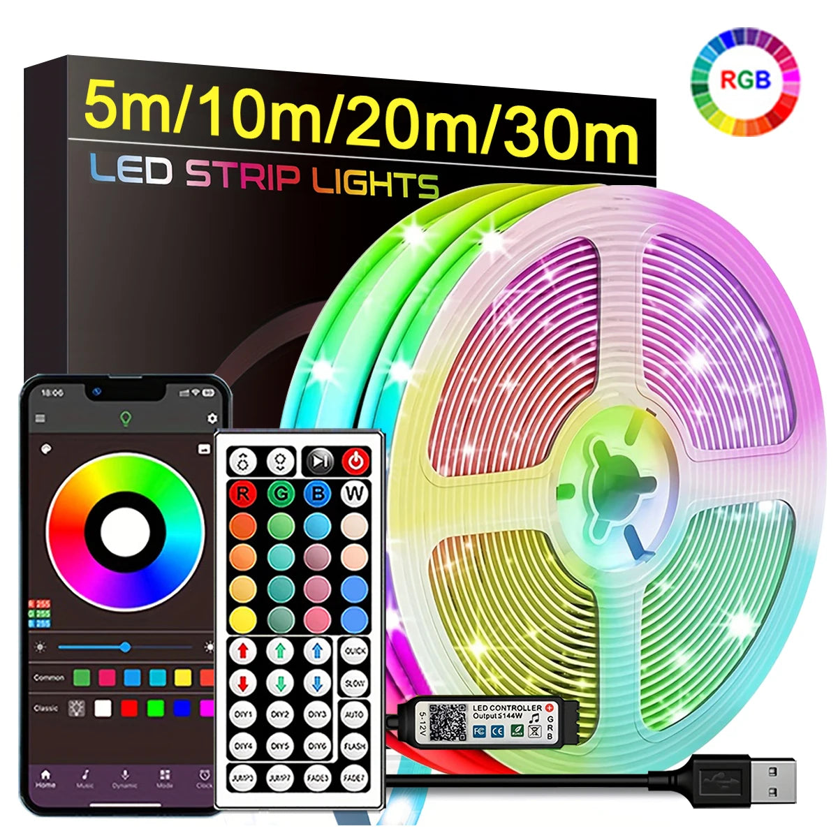 RGB Led Strip Lights 5m 10m 20m 30m Led Room Light with APP Control Flexible Ribbon Luces Led Tape for Room Bedroom Decoratio